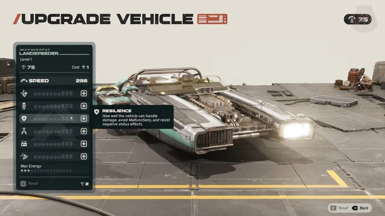 The Upgrade Vehicle screen: each stat has its own bar; Resilience covers damage, malfunctions and status effects. Star Wars Galactic Racer Upgrade Vehicle screen for the Landspeeder with stat bars and the Resilience tooltip