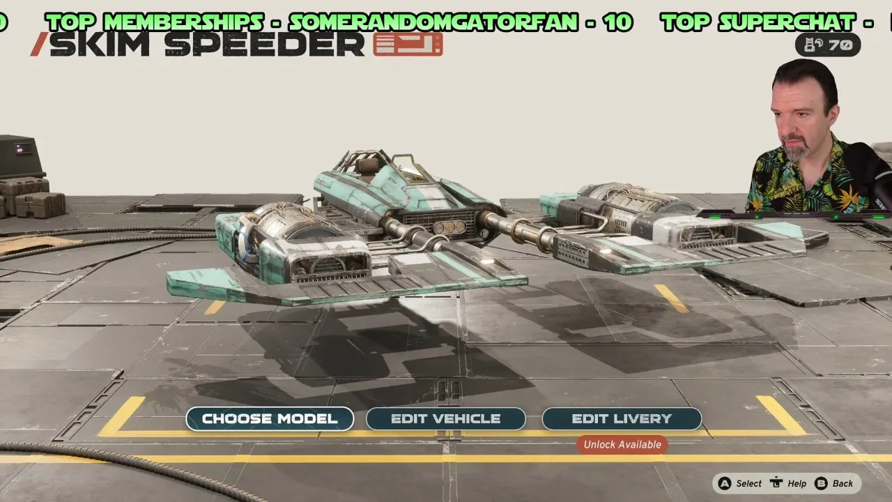 Skim Speeder customization screen with Choose Model, Edit Vehicle and Edit Livery buttons