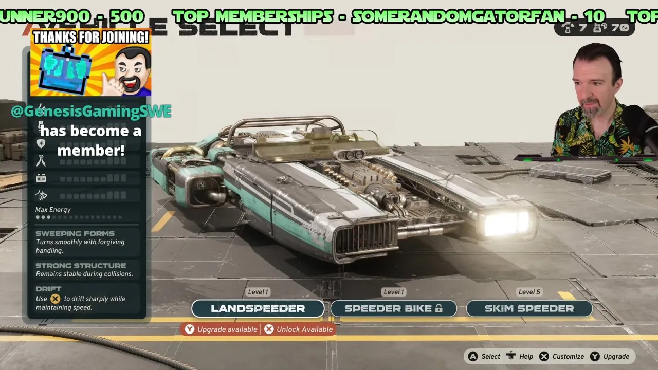 Highlighted Landspeeder on Vehicle Select with the Xbox X Customize prompt at the bottom right