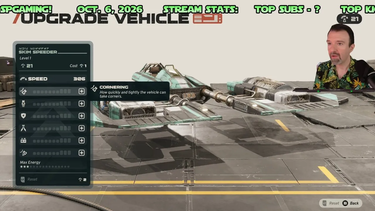 Upgrade Vehicle screen for a Skim Speeder with the Cornering tooltip and upgrade controls