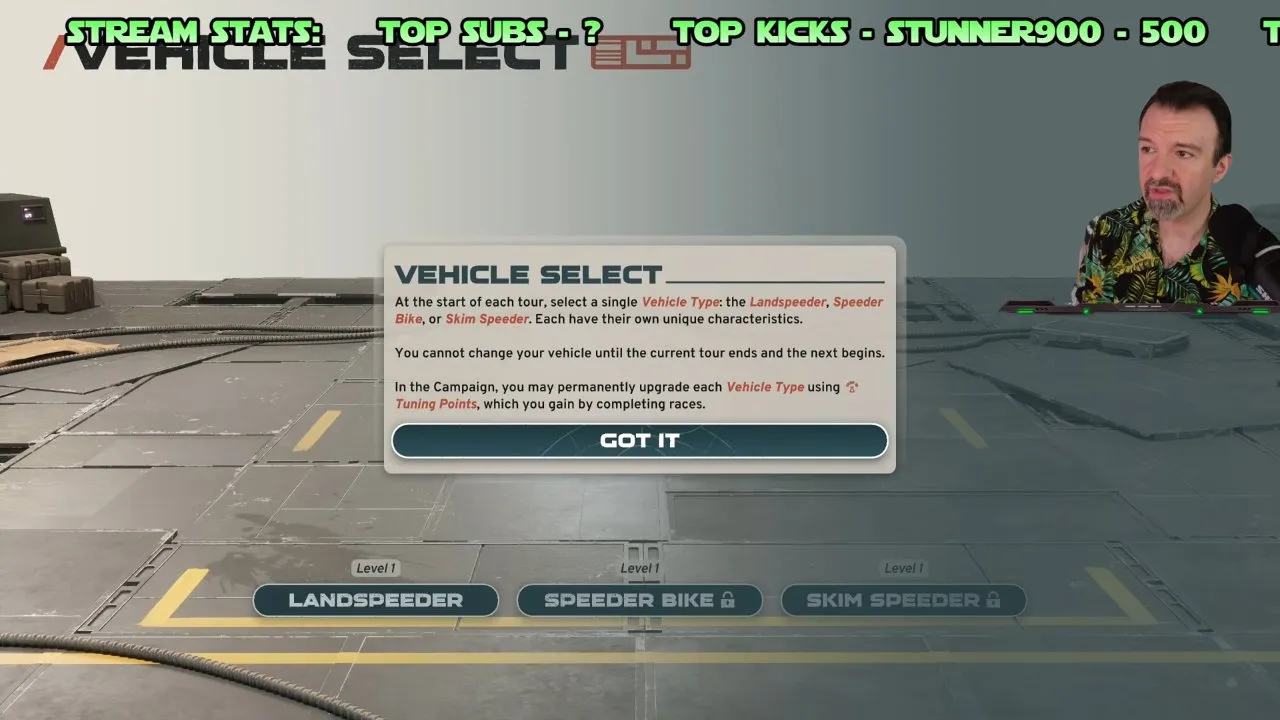 Campaign Vehicle Select tutorial with Landspeeder, Speeder Bike and Skim Speeder class buttons