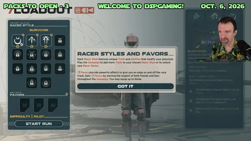 Racer Styles and Favors tutorial explaining effects, Campaign acquisition, and the three-Favor equip limit