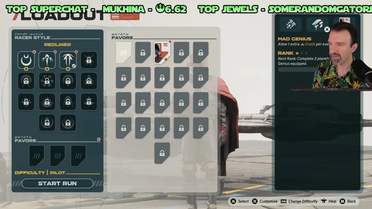 Mad Genius highlighted in the Loadout Favors selection panel with its description partly obscured by the streamer