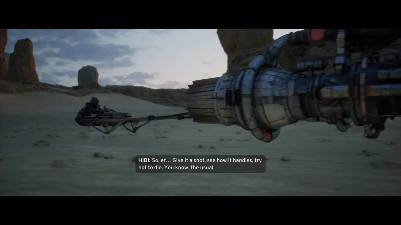 The test flight: Hibi's advice is to see how it handles and try not to die. Hibi tells Shade to give the old podracer a shot during the Tatooine test flight