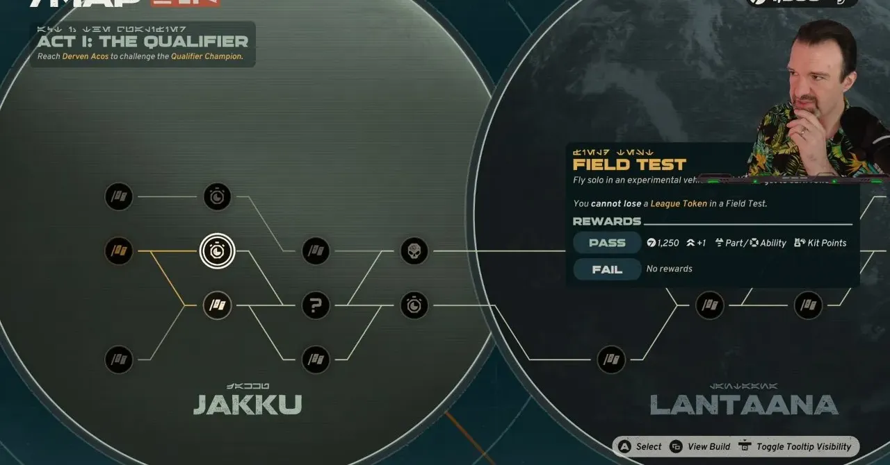 A Field Test on the Tour map: Pass rewards include Credits, a Part or Ability, and Kit Points; you can't lose a League Token here. Star Wars Galactic Racer Field Test tooltip on the Tour map listing Kit Points among the Pass rewards