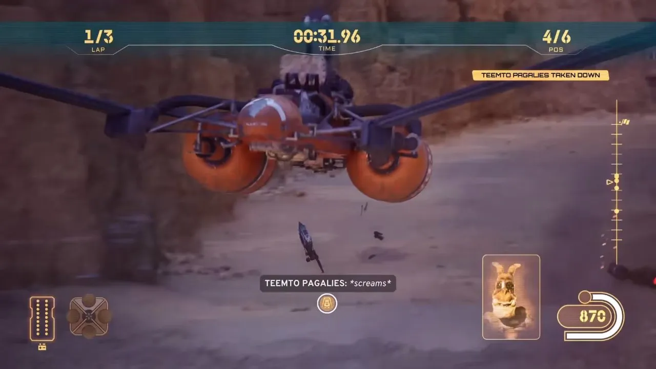 The Mos Espa memory race: three laps against a field of six, and only gold opens the next memory. Young Sebulba's podracer during the Mos Espa memory race, three laps against six racers