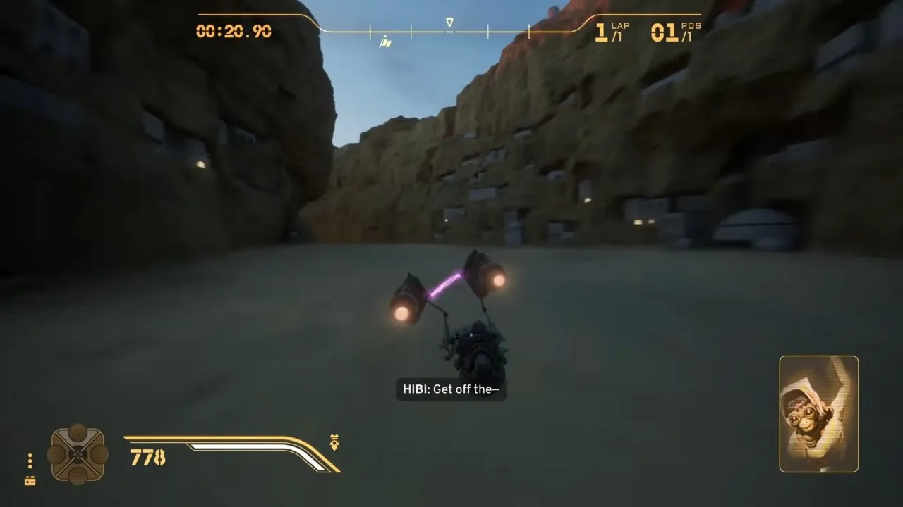 The canyon test run is a one-lap solo trial before podracing events show up on your map. The old podracer racing alone through a desert canyon during the test run