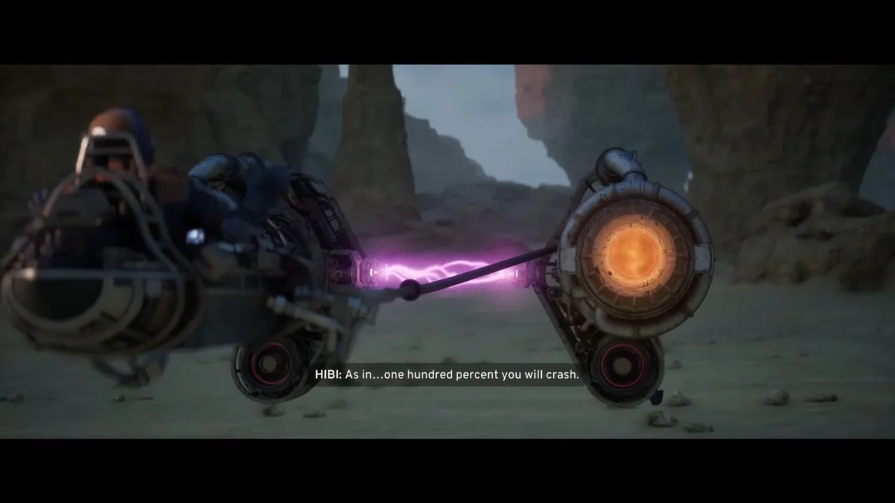 Act 3: Shade gets an old podracer on Tatooine, and Hibi is not optimistic. Shade looks over the old podracer in a Tatooine cutscene while Hibi warns about crashing