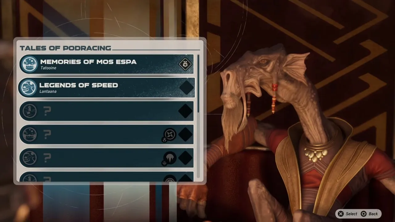 Talk to Sebulba in an Act 2 hub to open Tales of Podracing. Memories of Mos Espa on Tatooine comes first. Tales of Podracing menu next to Sebulba, with Memories of Mos Espa and Legends of Speed listed